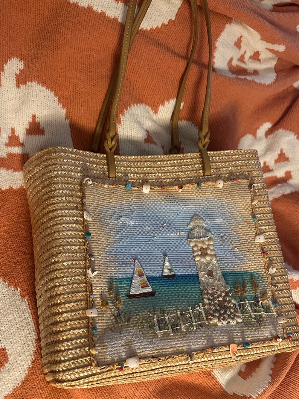 Hand Painted Capelli Straworld Inc Beach Lighthouse Ocean Straw Purse Tote 2004
